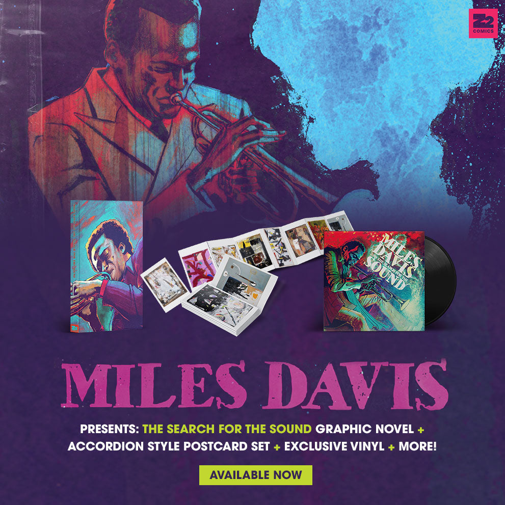 Miles Davis presents The Search for the Sound. Graphic novel, postcard set, exclusive vinyl, and more. Available now.